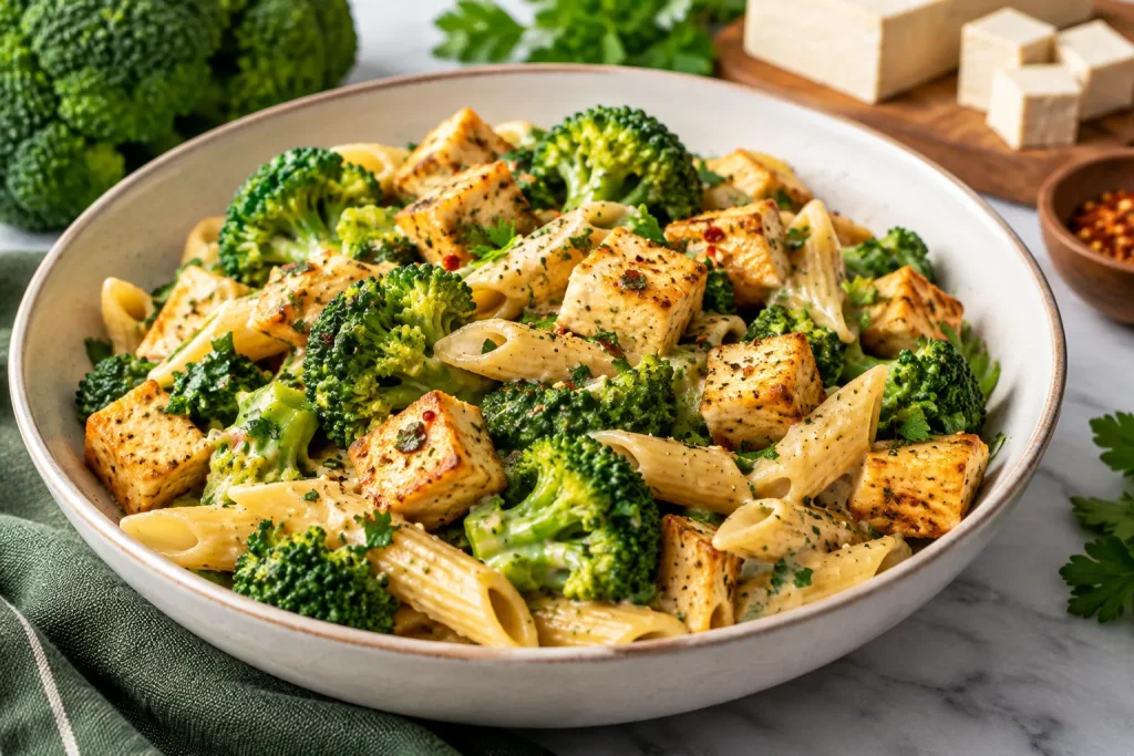 Creamy broccoli tofu pasta