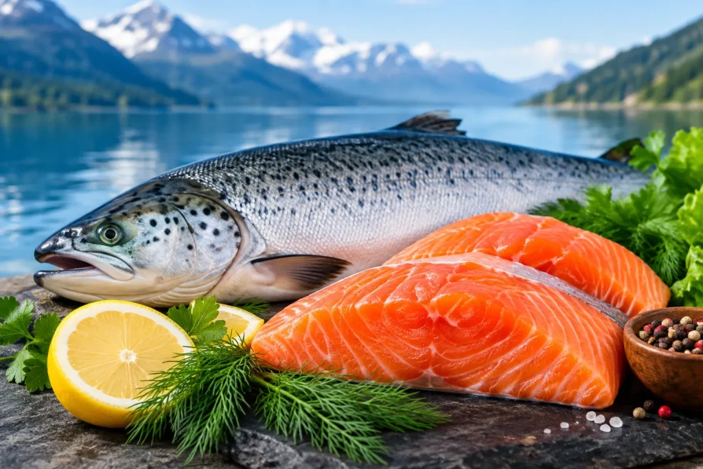 Fresh whole salmon with mountain lake background