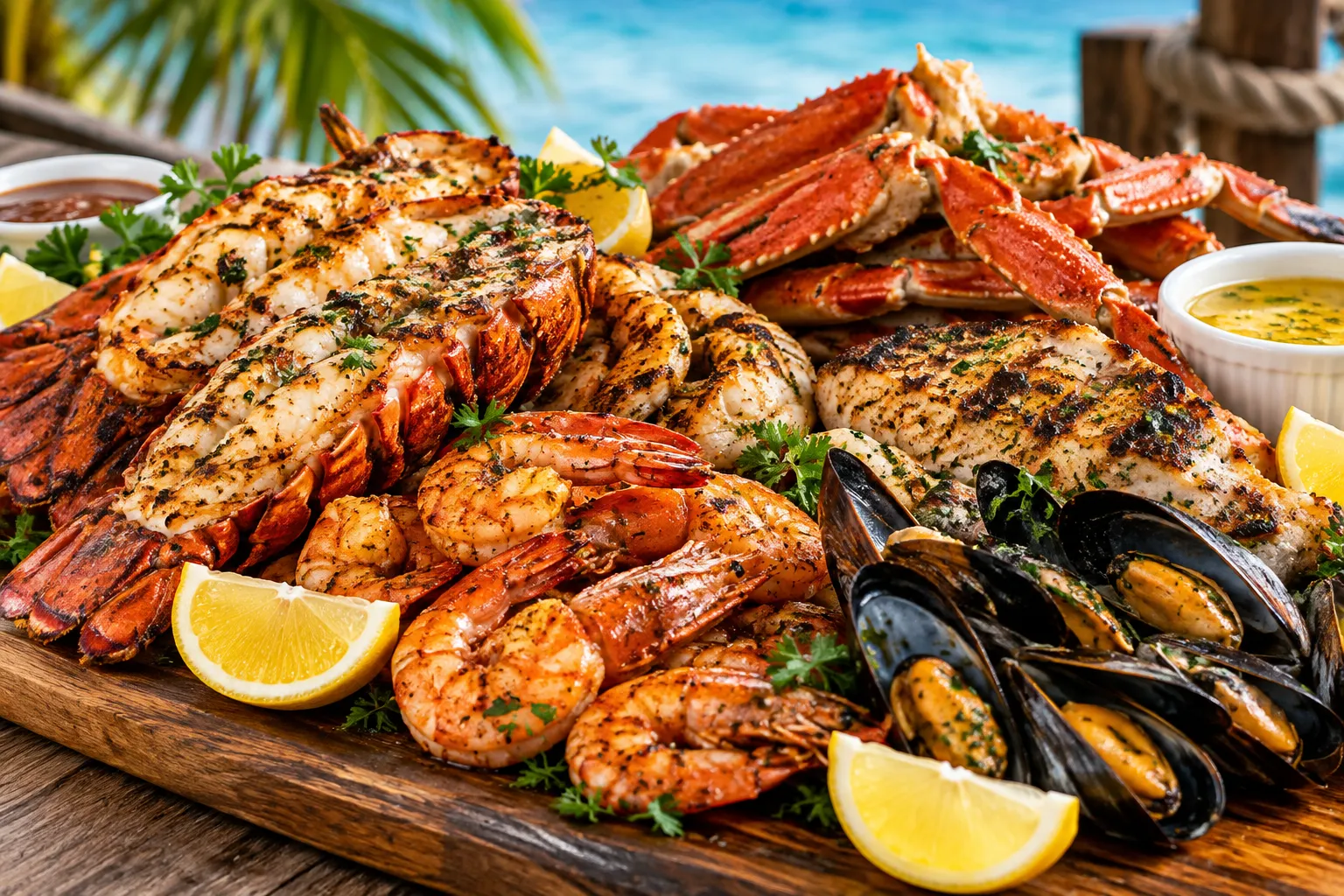 Grilled seafood feast with lemon and fresh herbs.