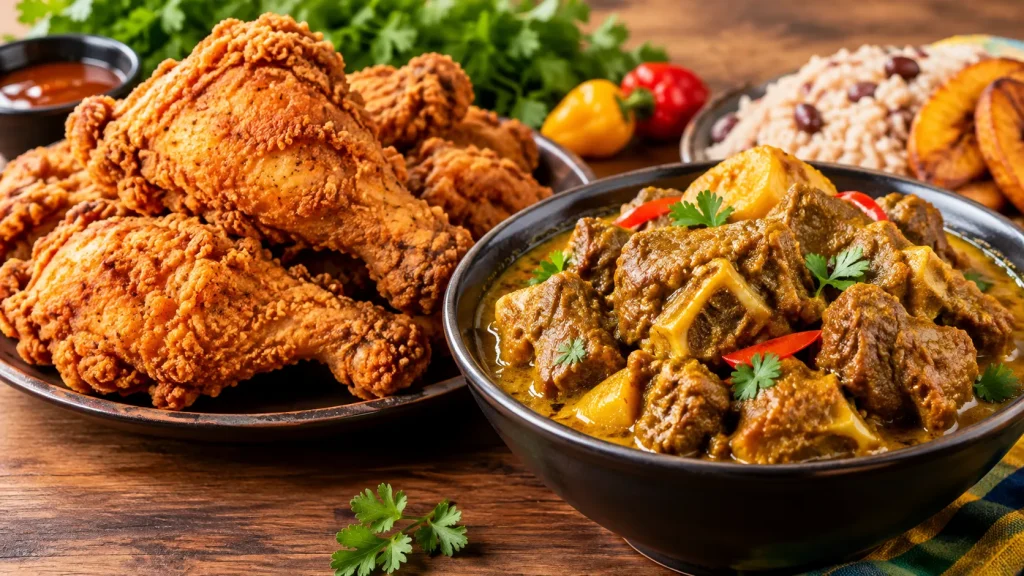 Crispy fried chicken with curried goat
