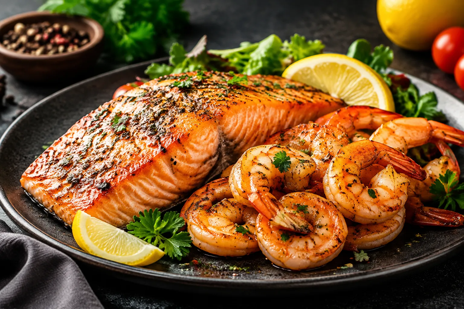 Fresh salmon fillet served with juicy grilled shrimp