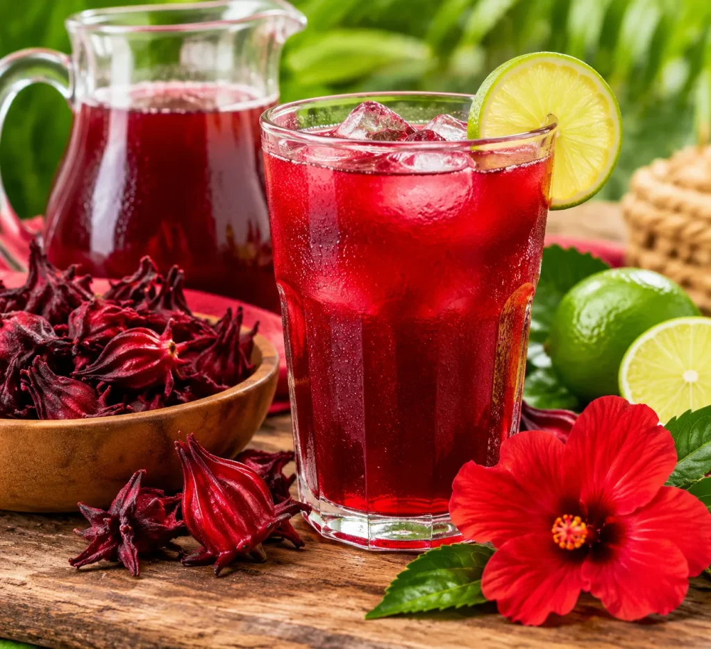 Refreshing red sorrel drink with hibiscus flowers