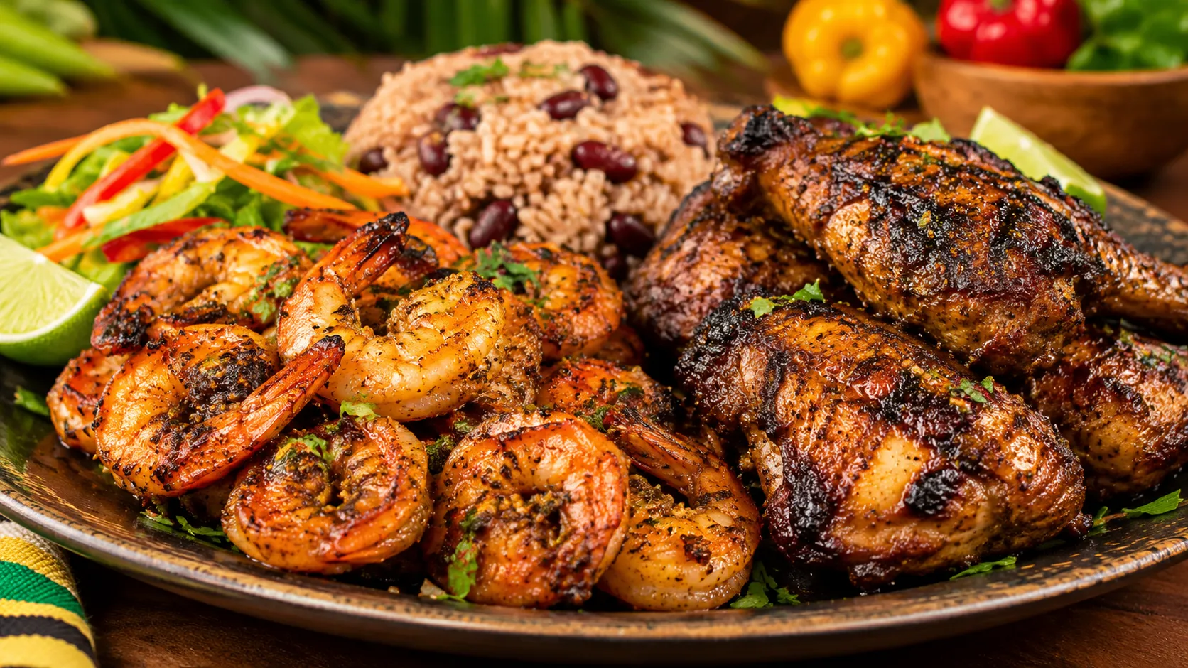 Caribbean-style jerk shrimp and chicken platter