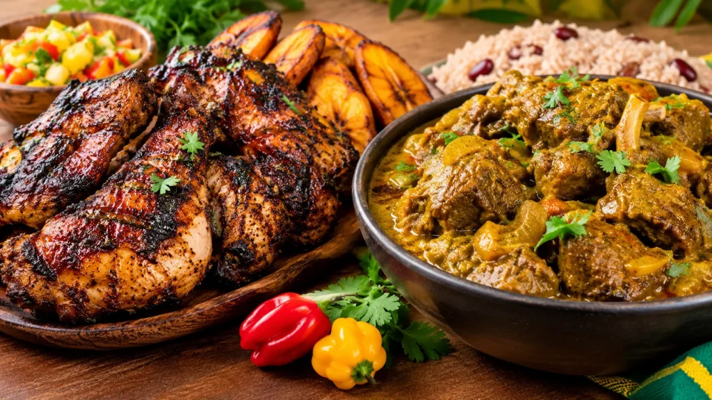 Caribbean jerk chicken with curried goat