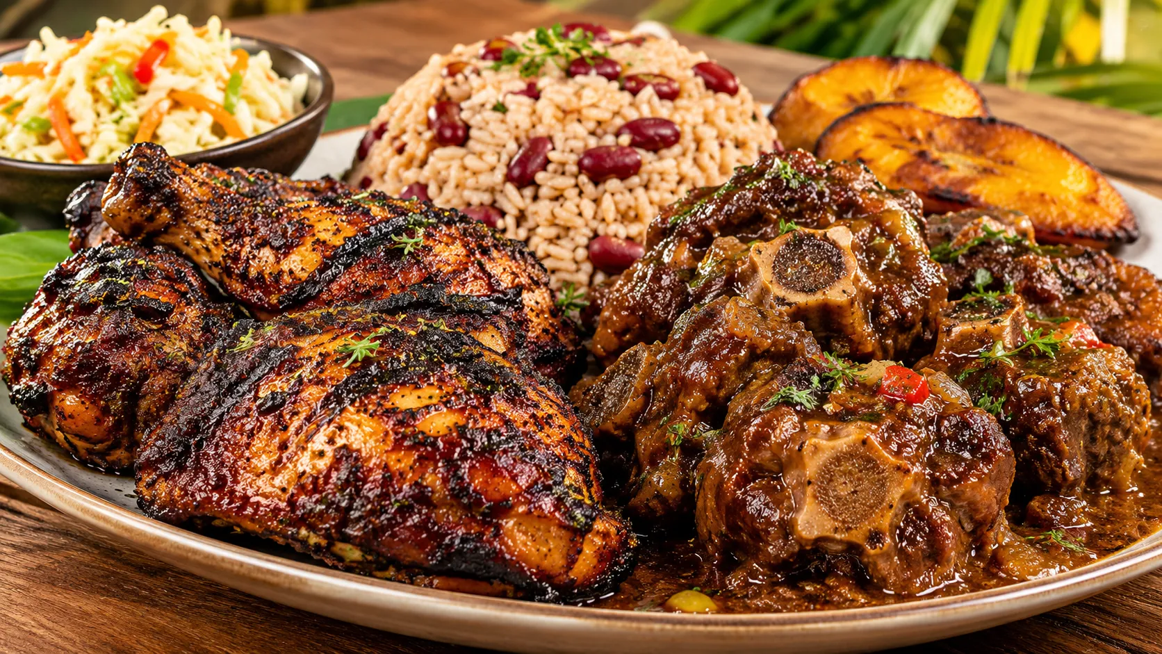 Caribbean jerk chicken with oxtails