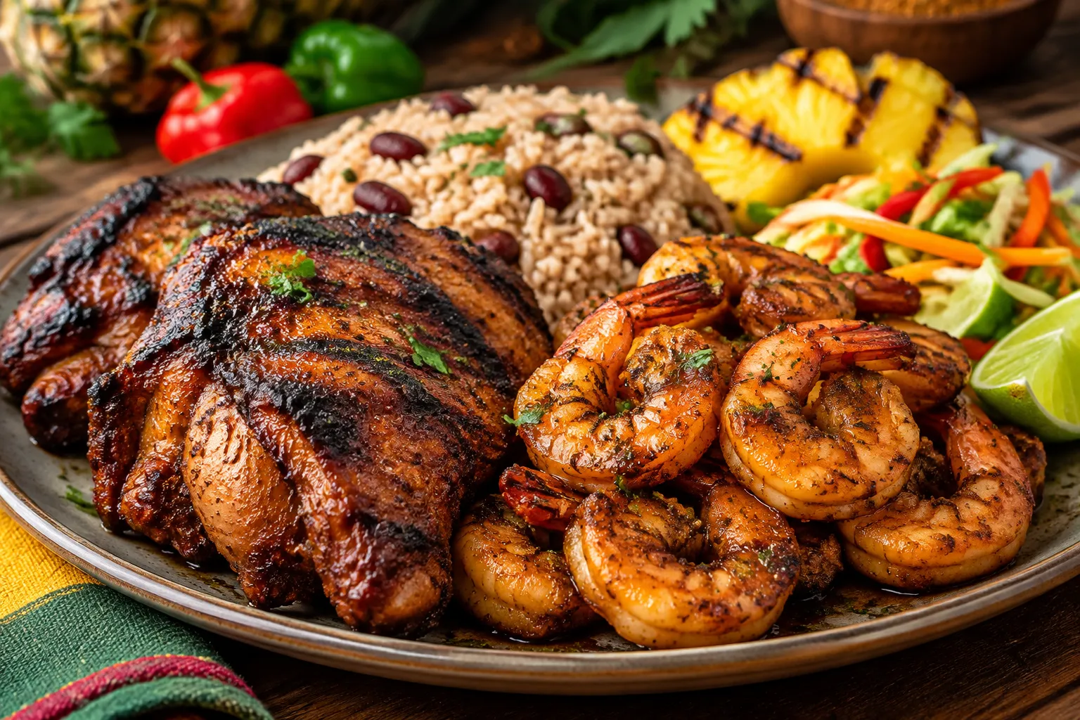 Grilled jerk chicken and shrimp with rice and tropical sides