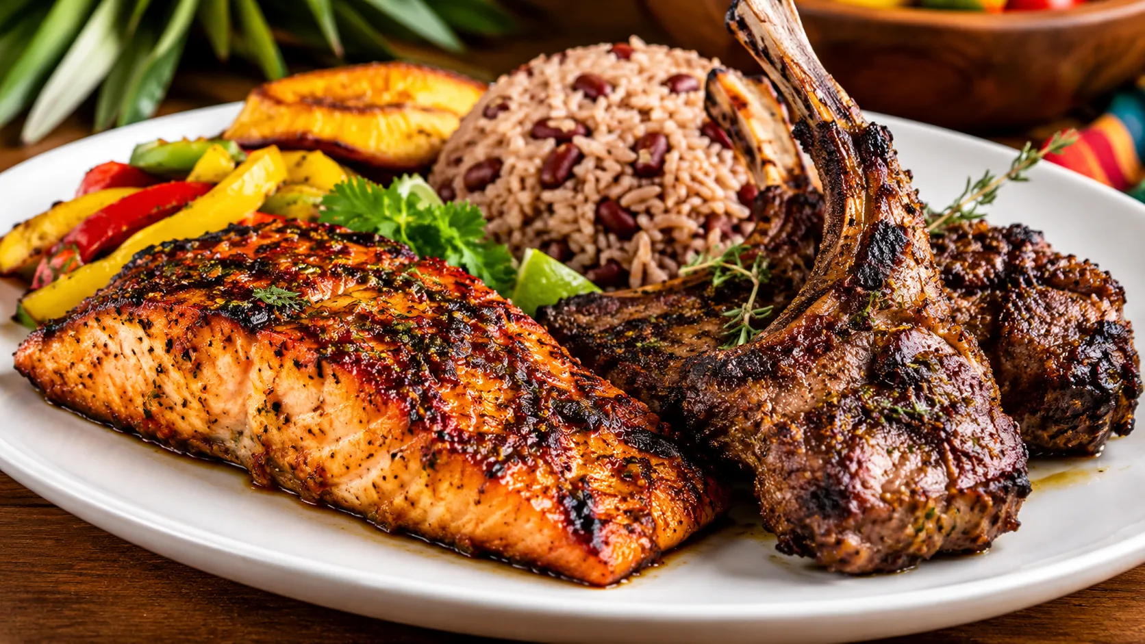 Caribbean jerk salmon and grilled lamb chops
