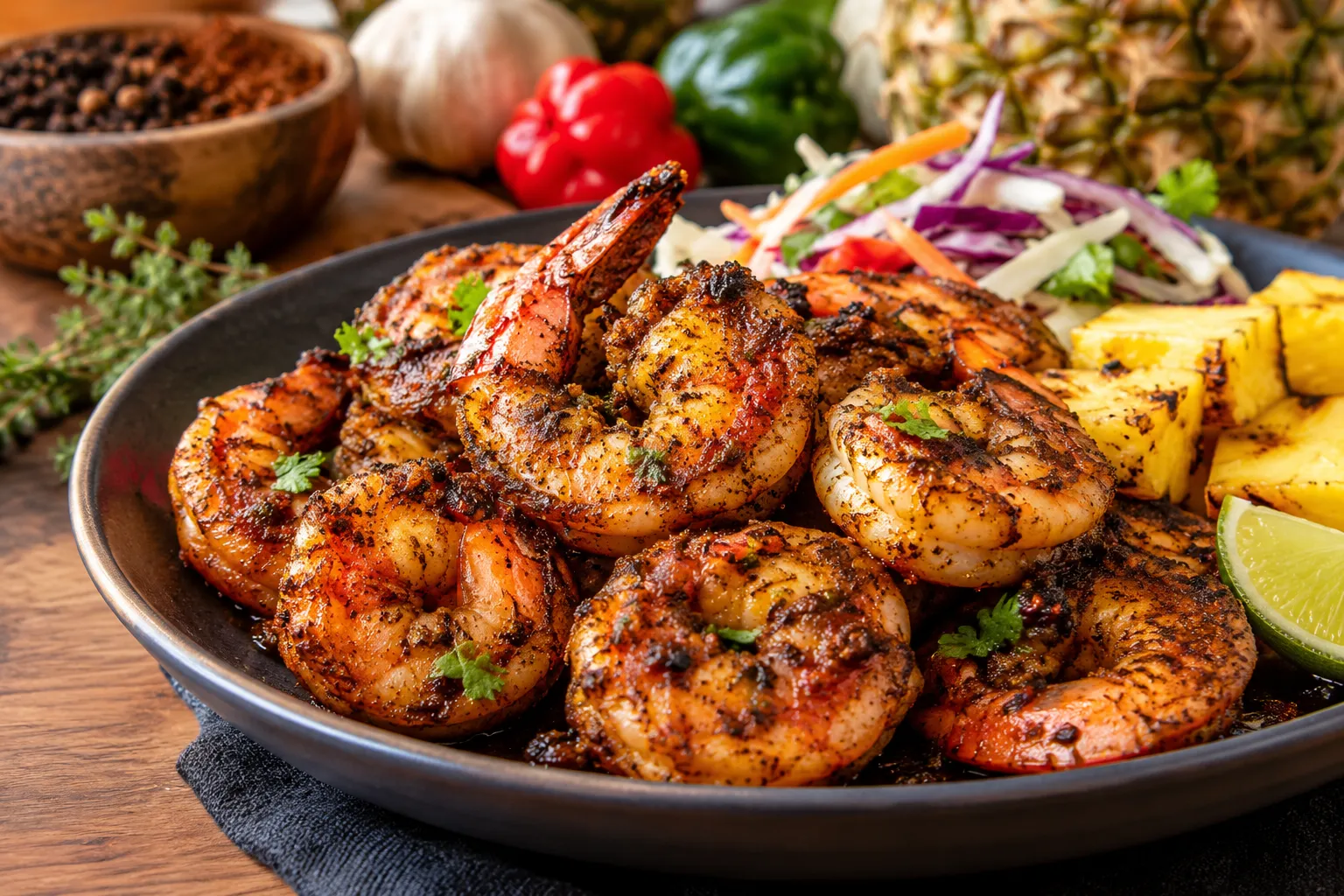 Spicy grilled jerk shrimp served with lime, vegetables, and tropical flavors